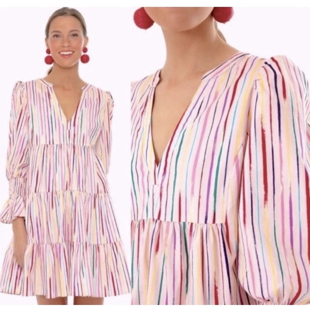 Pomander Place Nantucket Dress Women's Medium Pink Multicolor Striped V-Neck